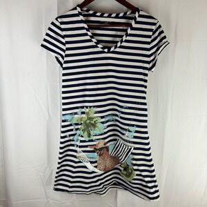 Jasmine Ginger Navy White Stripe Cheetah Hammock Graphic Tunic Dress Size M